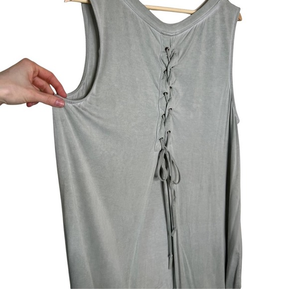 Umgee Green Pastel Washed Lace Up Tunic Sleeveless Slit Back Tank Top Oversized - Picture 6 of 12